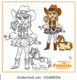 Cute girl in a cowboy carnival costume and with plush horse toy color and outlined for coloring page