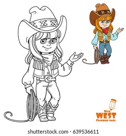 Cute girl in a cowboy suit is holding a lasso coloring page on white background