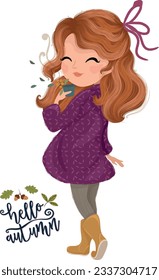 Cute girl, cozy autumn, vector illustration, hello autumn.