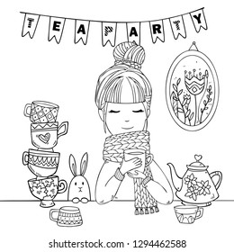 Cute girl in cozy sweater and scarf drinks hot tasty cups of tea with rabbit. Vector tea party illustration for coloring art