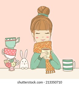 Cute girl in cozy sweater and scarf drinks hot tasty cups of tea with rabbit. Vector tea party illustration