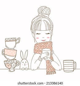 Cute girl in cozy sweater and scarf drinks hot tasty cups of tea with rabbit. Vector tea party illustration