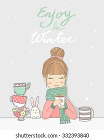 Cute girl in cozy sweater and scarf drinks hot tasty cups of tea with rabbit. Vector tea party illustration with words Enjoy the Winter