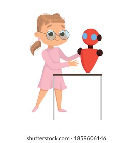 Cute Girl Creating and Programming Smart Robot, Kids Educational Project Cartoon Style Vector Illustration