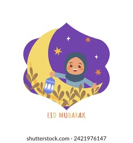 Cute girl with crescent moon celebrating EID Mubarak