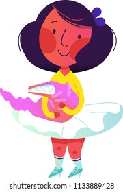 cute girl with a crocodile in the flat style