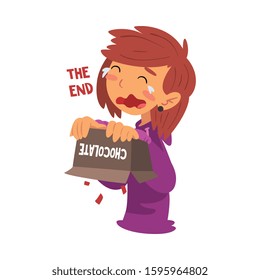 Cute Girl Crying with Empty Chocolate Box, Sweet Tooth Girl Cartoon Character Loves Sweets Vector Illustration