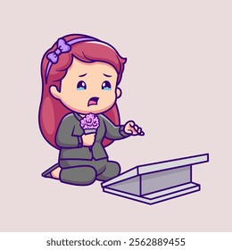 Cute Girl Crying At The Grave Cartoon Vector Icon Illustration. 
People Family Icon Concept Isolated Premium Vector. Flat 
Cartoon Style 