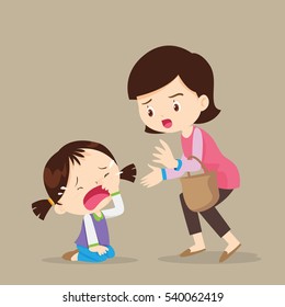 Cute girl crying and Her Mother Comforting Upset.cartoon vector illustration.child resistant.