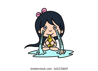 Cute Girl Crying. Vector Illustration. Isolated on white background.