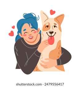 Una chica linda se acurruca con un perro adorable. Las Personas son dueñas de mascotas.  Ilustración gráfica plana para una aplicación móvil o un Sitio web