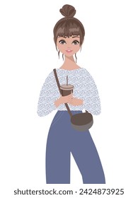 Cute girl with cup of coffee. Beautiful woman holding a cup of coffee. Fashion girl. Vector illustration isolated on white background. Poster, print design.Girl drinking coffee.