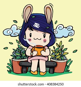 Cute girl with a cup of coffee in the garden. Vector illustration.
