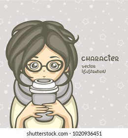 Cute girl with cup of hot coffee. Beautiful cartoon character. 