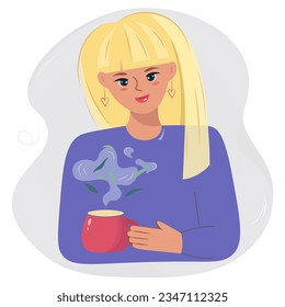 Una chica guapa y una taza de café caliente o té de hierbas con vapor. Retrato de una mujer rubia tomando café. Ilustración vectorial aislada en fondo blanco y gris Adecuada para afiches, publicación en medios sociales