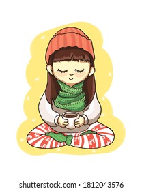 Cute girl with a Cup of tea. Warm cozy winter illustration in pastel shades, hand-drawn vector sticker for new year and merry christmas poster, banner, invitation