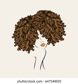 Cute Girl With Curly, Afro Hairstyle And Golden Lipstick.Vector Illustration.