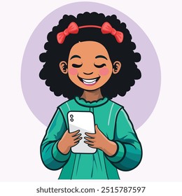 A cute girl with curly hair is playing her smartphone while smiling happily
