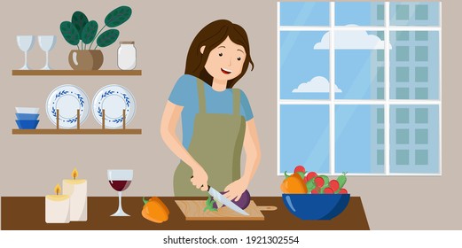 cute girl cuts eggplant in the kitchen by candlelight and with a glass of wine. Prepare healthy vegetables for proper nutrition. vector illustration.