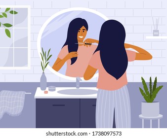 Cute girl cutting own hair. Young woman in front of mirror making new haircut. Lady with scissors in bathroom. Yourself hairdresser. Quarantine self isolation. Beauty care at home vector illustration.