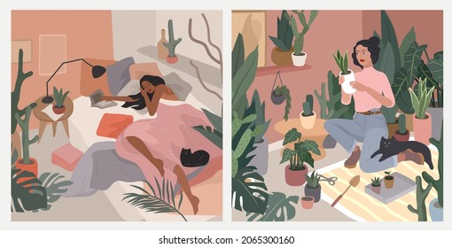 Cute girl and daily life scenes. Lifestyle by young woman in home interior with homeplants. Cartoon vector illustration