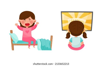 Cute Girl Daily Routine Activities Set. Cute Waking Up At Morning And Watching TV Cartoon Vector Illustration