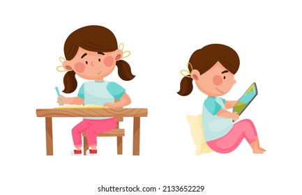 Cute girl daily routine activities set. Child doing her homework and sitting with tablet cartoon vector illustration