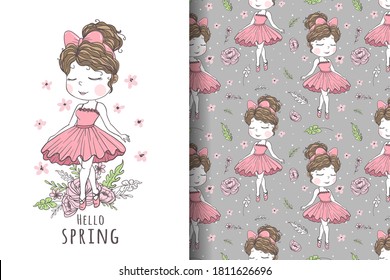 cute girl dancer hand drawn illustration and pattern