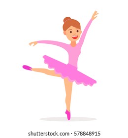 Cute girl dancing ballerina ballet. Ballerina in pink tutu and the beautiful hair. Girl smiling and dancing ballet on a white background. Vector images in cartoon style