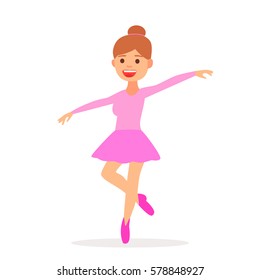 Cute girl dancing ballerina ballet. Ballerina in pink tutu and the beautiful hair. Girl smiling and dancing ballet on a white background. Vector images in cartoon style