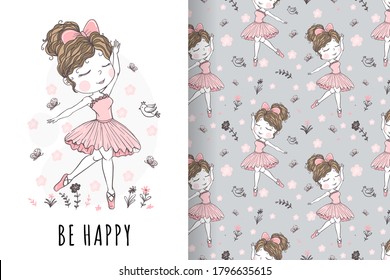 cute girl dancing ballet hand drawn illustration and pattern