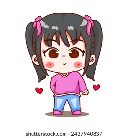 Linda chica bailando personaje de dibujos animados. Moda de estilo coreano. Diseño de conceptos de expresión de personas. Ilustración vectorial de Chibi. Fondo blanco aislado