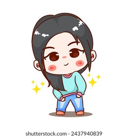 Cute girl dancing cartoon character. Korean style fashion. People expression concept design. Chibi vector illustration. Isolated white background