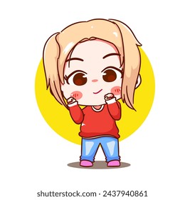 Linda chica bailando personaje de dibujos animados. Moda de estilo coreano. Diseño de conceptos de expresión de personas. Ilustración vectorial de Chibi. Fondo blanco aislado