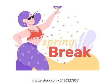 Cute girl dancing with a cocktail. Happy active woman in sunglasses. Spring break party. Vector illustration.