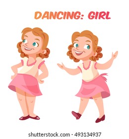 Cute girl dancing in dress in different poses. Funny cartoon style, isolated female child on white background. Children sport illustration.