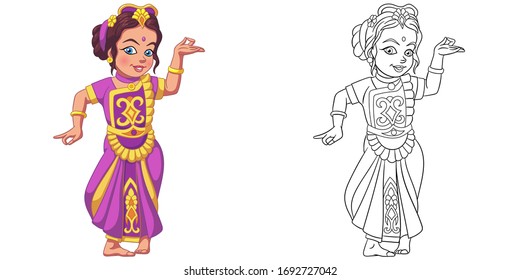 Cute girl dancing indian classic dance  Coloring page   colorful clipart character  Cartoon design for t shirt print  icon  logo  label  patch sticker  Vector illustration 