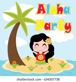 Cute girl is dancing on small island vector cartoon, summer postcard, wallpaper, and greeting card, T-shirt design for kids