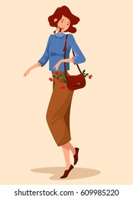 Cute girl with dark hair in blue shirt and brown pants. She has a bag. Flowers in her bag. Vector cartoon illustration. Female character.