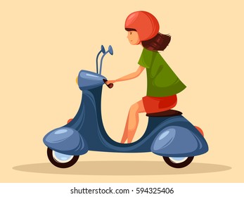 Cute girl with dark hair dressed in green t-shirt and red shorts. She has a helmet on her head. She rides on a scooter. Vector cartoon illustration. Character