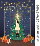 Cute girl decorate christmas tree. Woman put golden star on Top. Xmas, happy new year celebration concept. Holiday greeting card, flyer, web. Hand drawn style. Trendy flat design vector illustration.