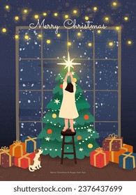 Muchacha linda decora el árbol de navidad. Una mujer puso una estrella de oro en la cima. Navidad, feliz concepto de celebración de año nuevo. Tarjeta de saludo de vacaciones, volante, web. Estilo dibujado a mano. Ilustración vectorial de diseño plano de moda.