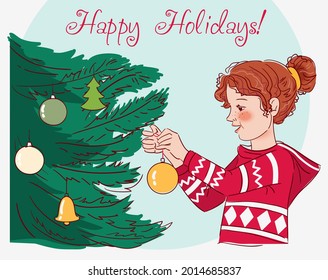 Cute girl decorating Christmas tree with holiday toys. Cute winter holiday card. Stylish Christmas and New Year vector illustration