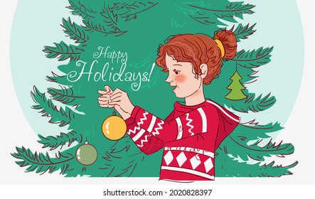 Cute girl decorating Christmas tree with holiday toys. Cute winter holiday card. Stylish Christmas and New Year vector illustration