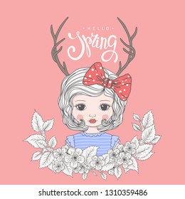 Cute girl with deer horns, spring blossom. Hello Spring slogan