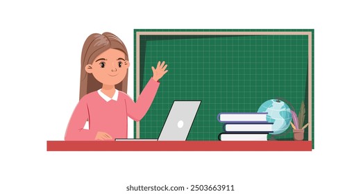 Cute girl at desk with laptop, waving, surrounded by books and globe. Chalkboard background, education, back to school concept