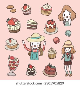 cute girl with dessert, cartoon hand drawn style vector