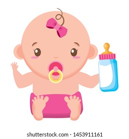 cute girl in diaper with milk bottle baby shower vector illustration