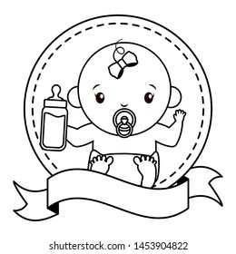 cute girl in diaper sticker baby shower vector illustration