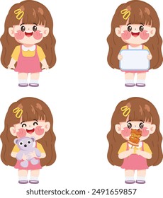 Cute girl in different activity character cartoon set illustration Premium Vector.